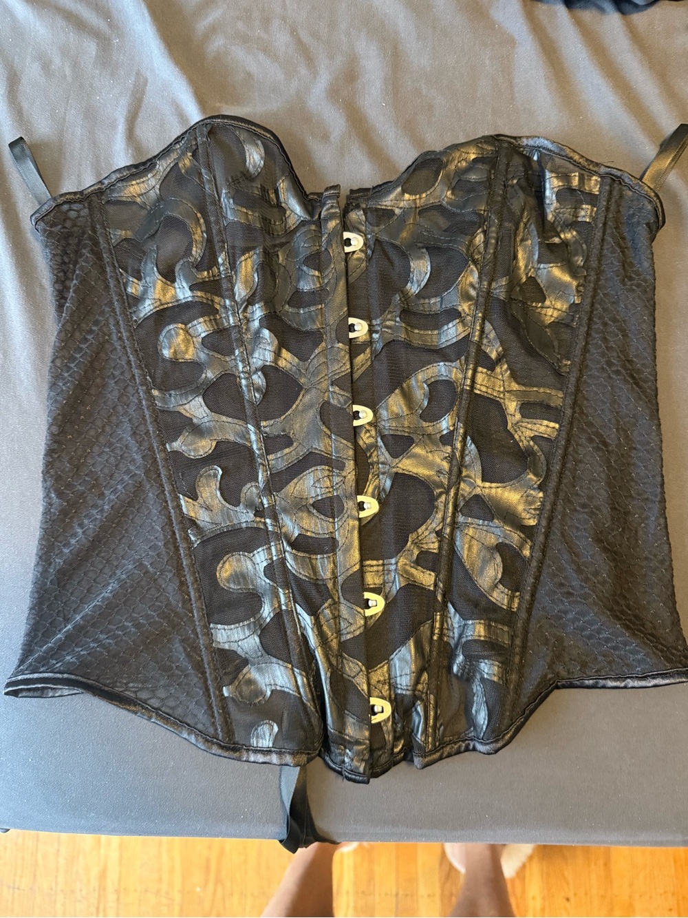 Fashion Nova Black Satin Lace-Overlay Corset Bustier